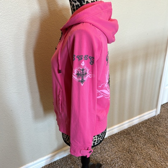 Women’s BCBG pink jacket with hoodie, cross/embellishments, size L - Picture 7 of 14